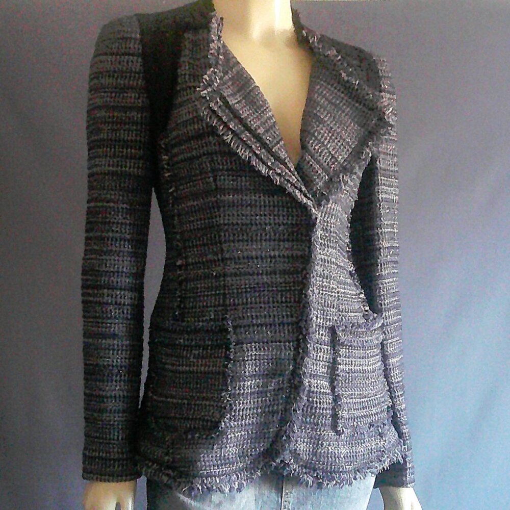 Rebecca Taylor Navy Blue Plaid Silver Lace Fringe Cotton Jacket 2